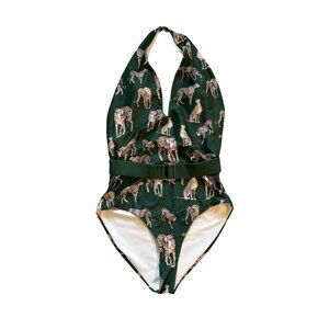Green Leopard Print Halter One Piece Swimsuit Belted Jungle Safari Retro S